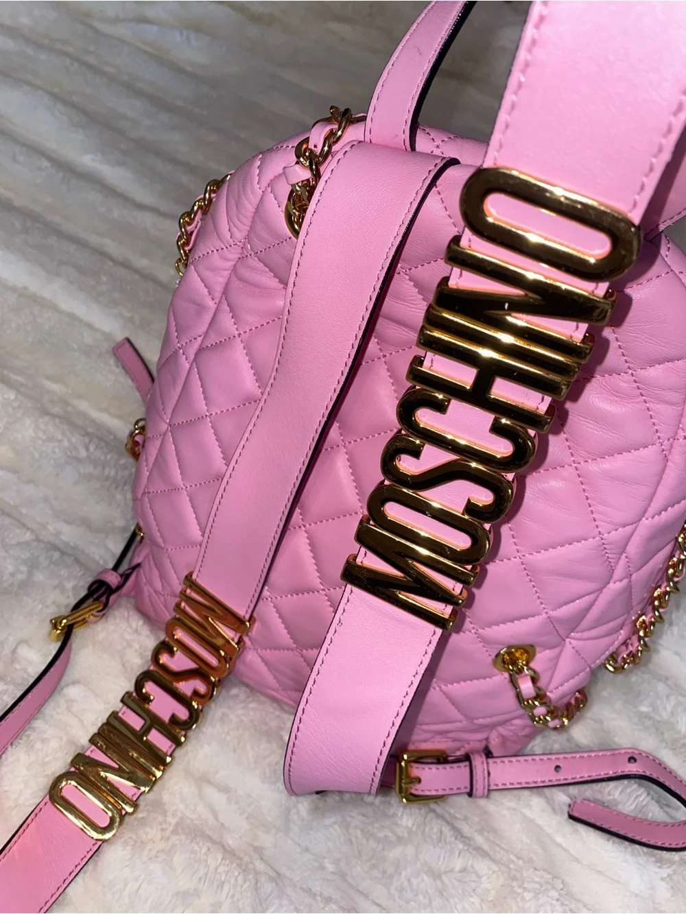 Moschino Pink Quilted Mini Backpack with Gold Chain Detail - Picture 3 of 5